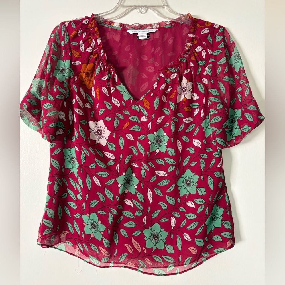 Silk Chiffon Floral Crop Blouse Ruffle Davi Red Green 4 Rare DVF Signature Print - Picture 2 of 8